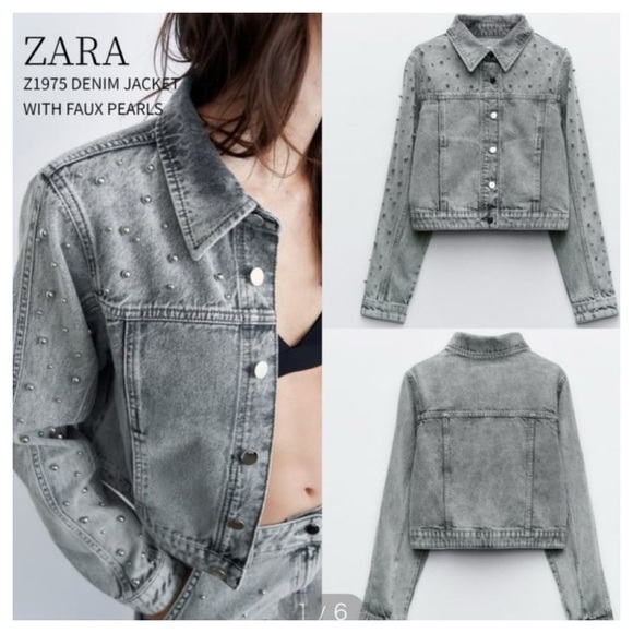 Zara Gray  PEARL DENIM JACKET crop woman’s size S - Picture 1 of 13